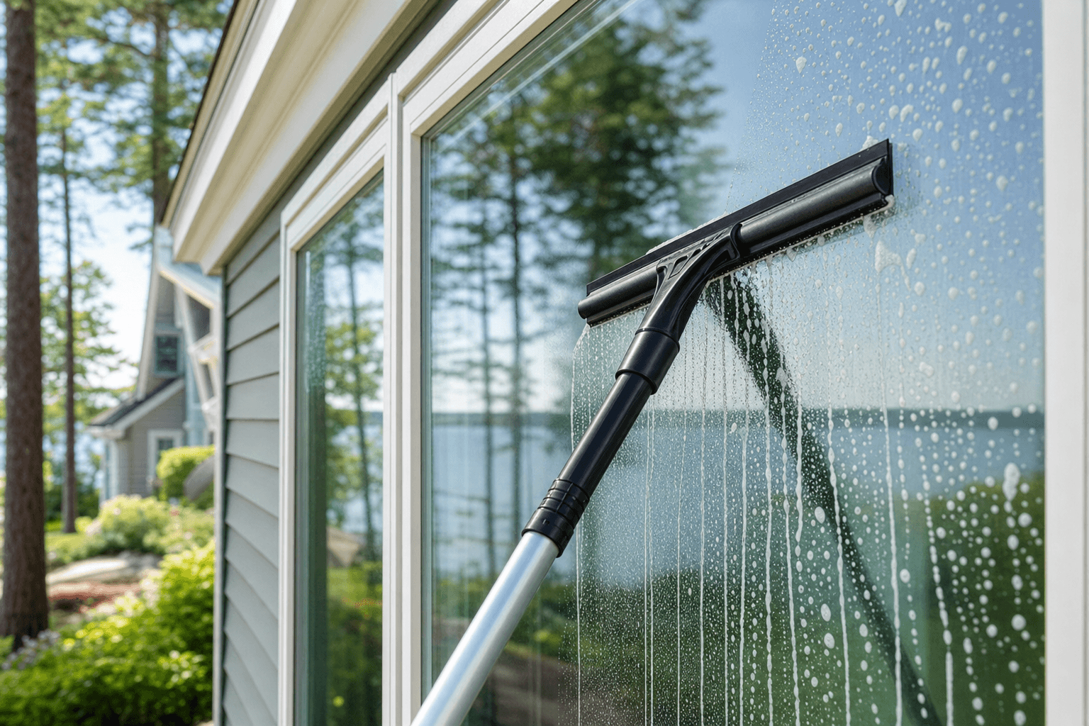 Professional window cleaning in action on a Northern Michigan home, showcasing streak-free results
