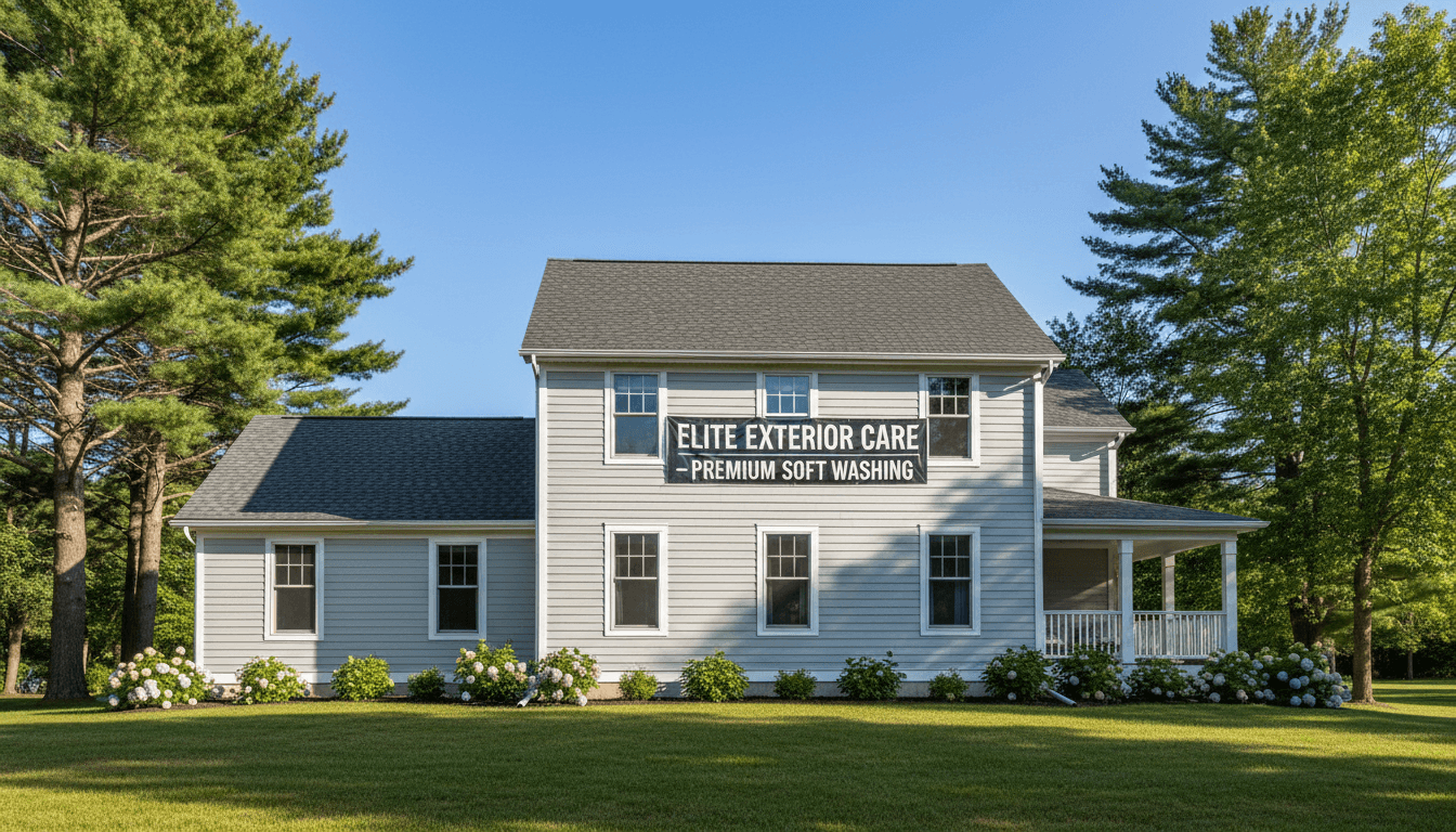 Clean two-story house with bright siding and clear sky after soft washing.