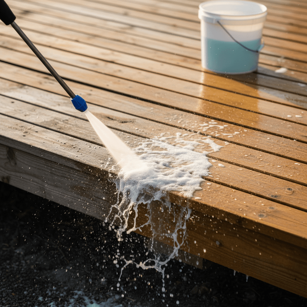 Wooden deck surface half cleaned, showing the difference from dirt and grime
