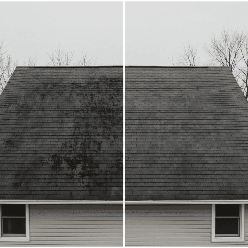 Roof soft washing before and after