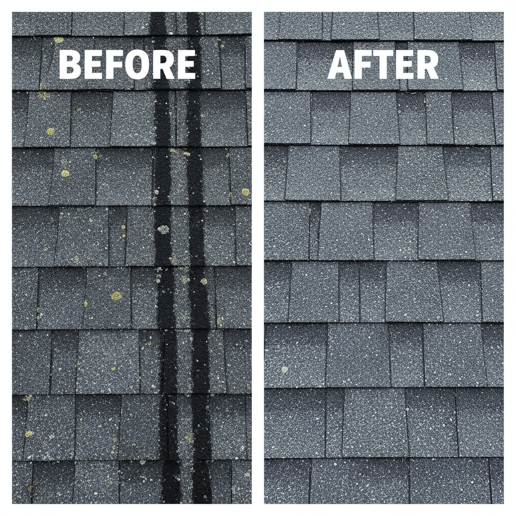Close up before and after of roof soft wash showing black streaks removed from shingles