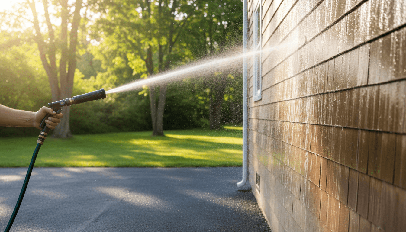 Water spraying against the side of a wooden house during exterior cleaning