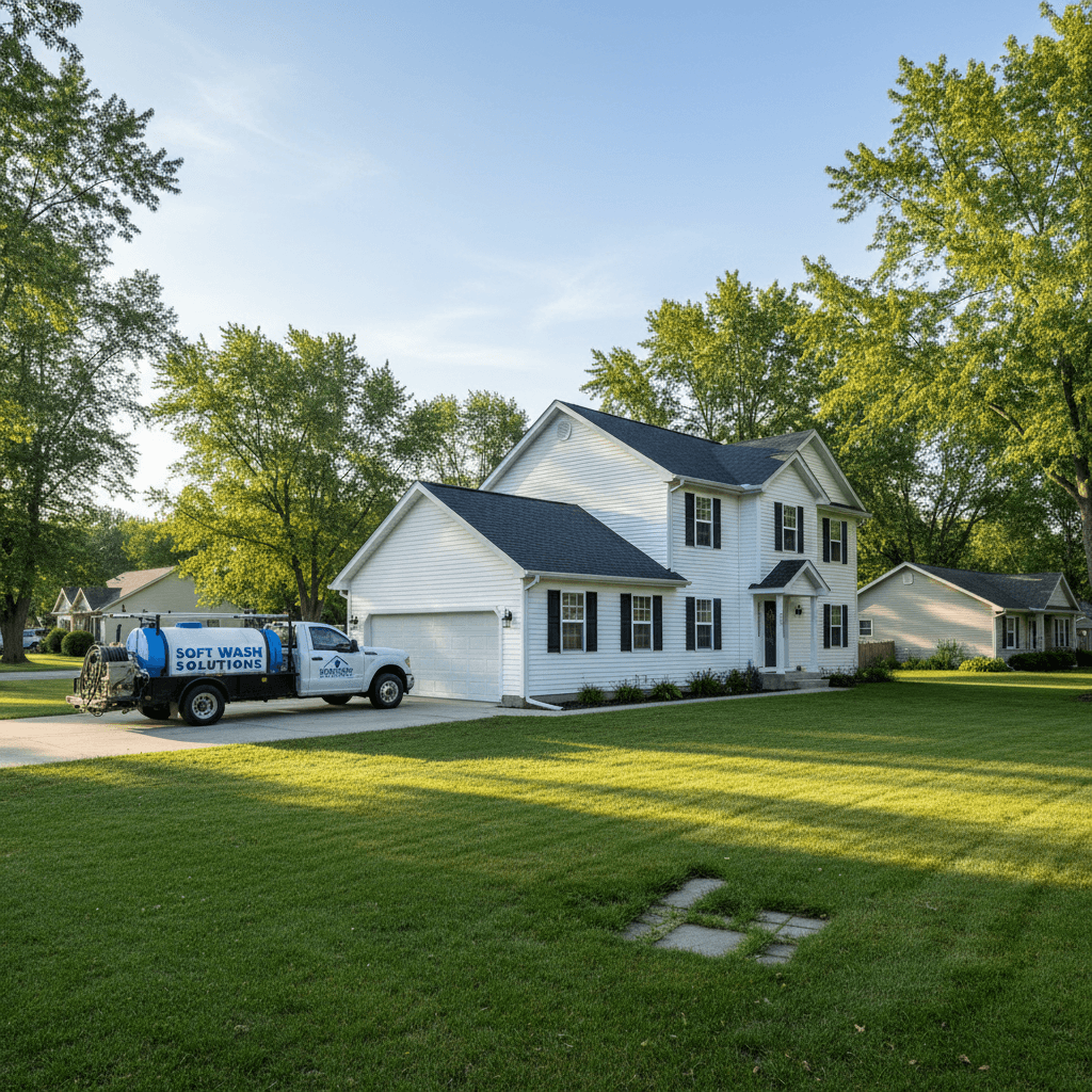 Soft washing system on a driveway beside a two-story house with clean siding
