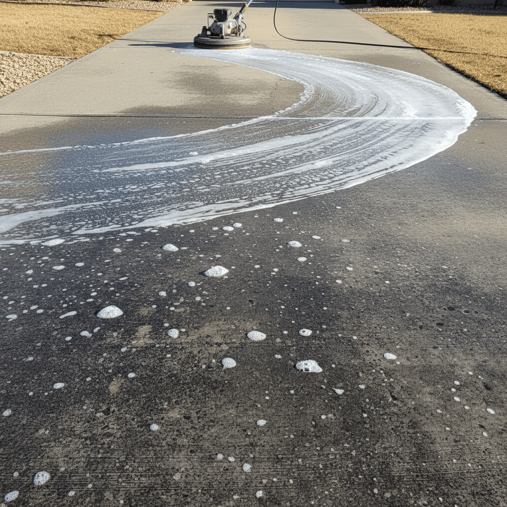 Concrete driveway being power washed with a surface cleaner attachment