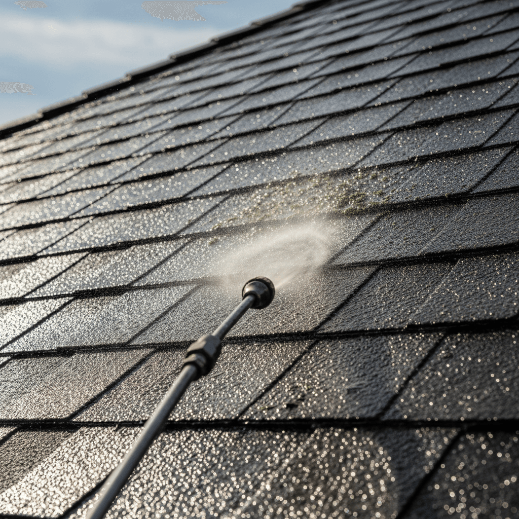 Close-up of a roof being soft washed with a wand nozzle applying solution