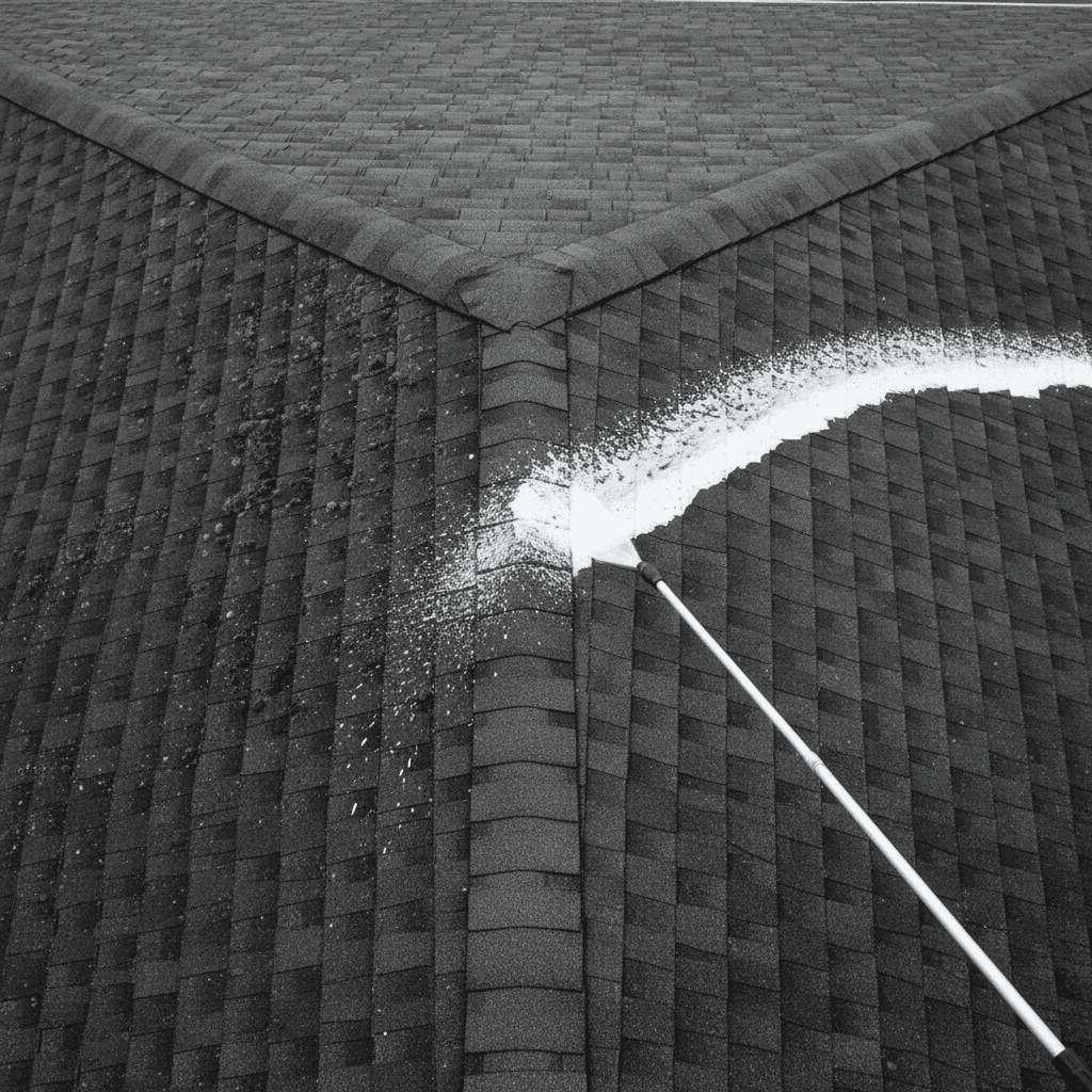 Before and after comparison on a roof, one half cleaned with soft washing