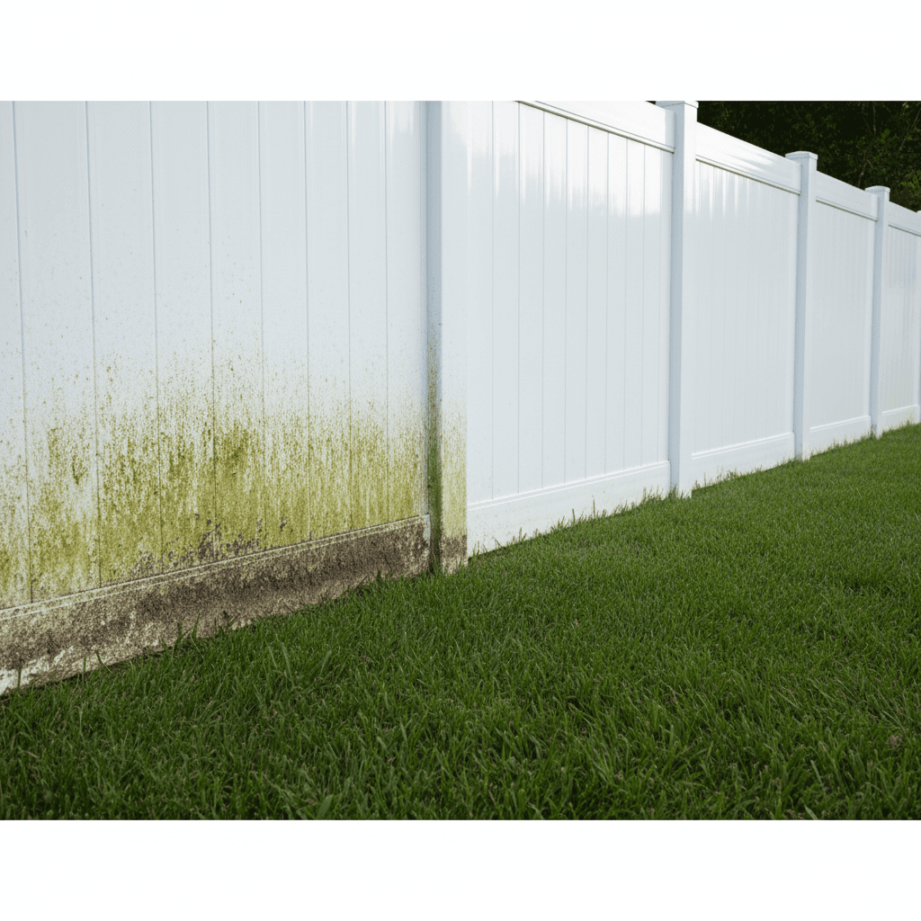 White vinyl fence cleaning before and after