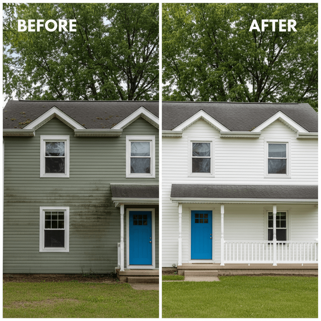 Before and after of a house exterior soft wash in Traverse City