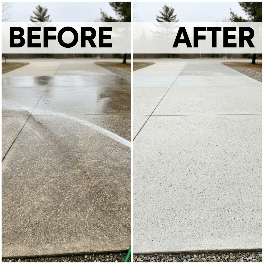 Driveway before and after power washing