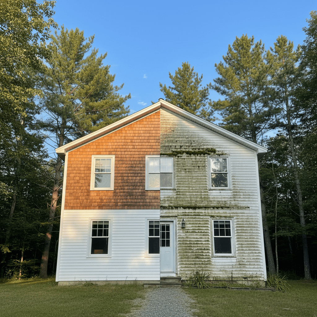 Split-view of a house half-washed showing the cleaning contrast
