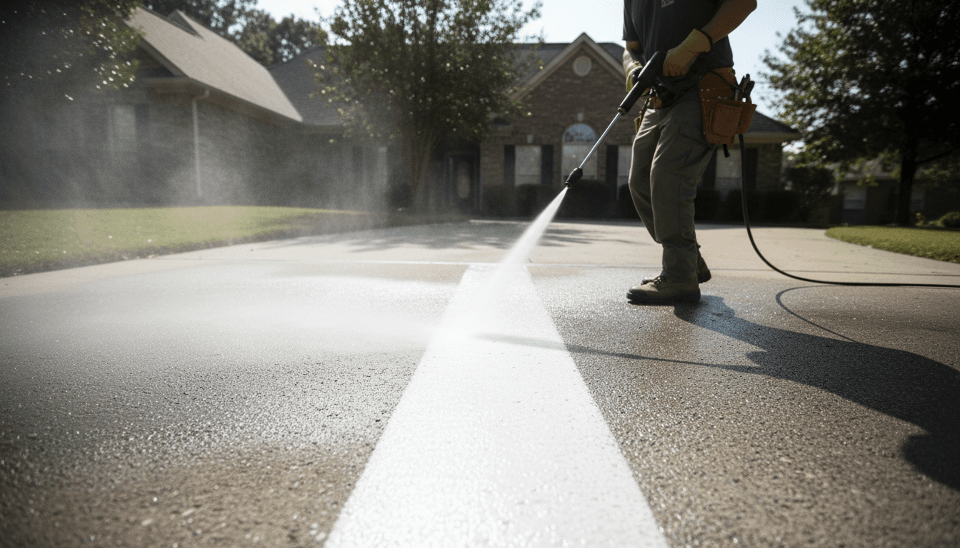 Person pressure washing a concrete driveway in front of a home