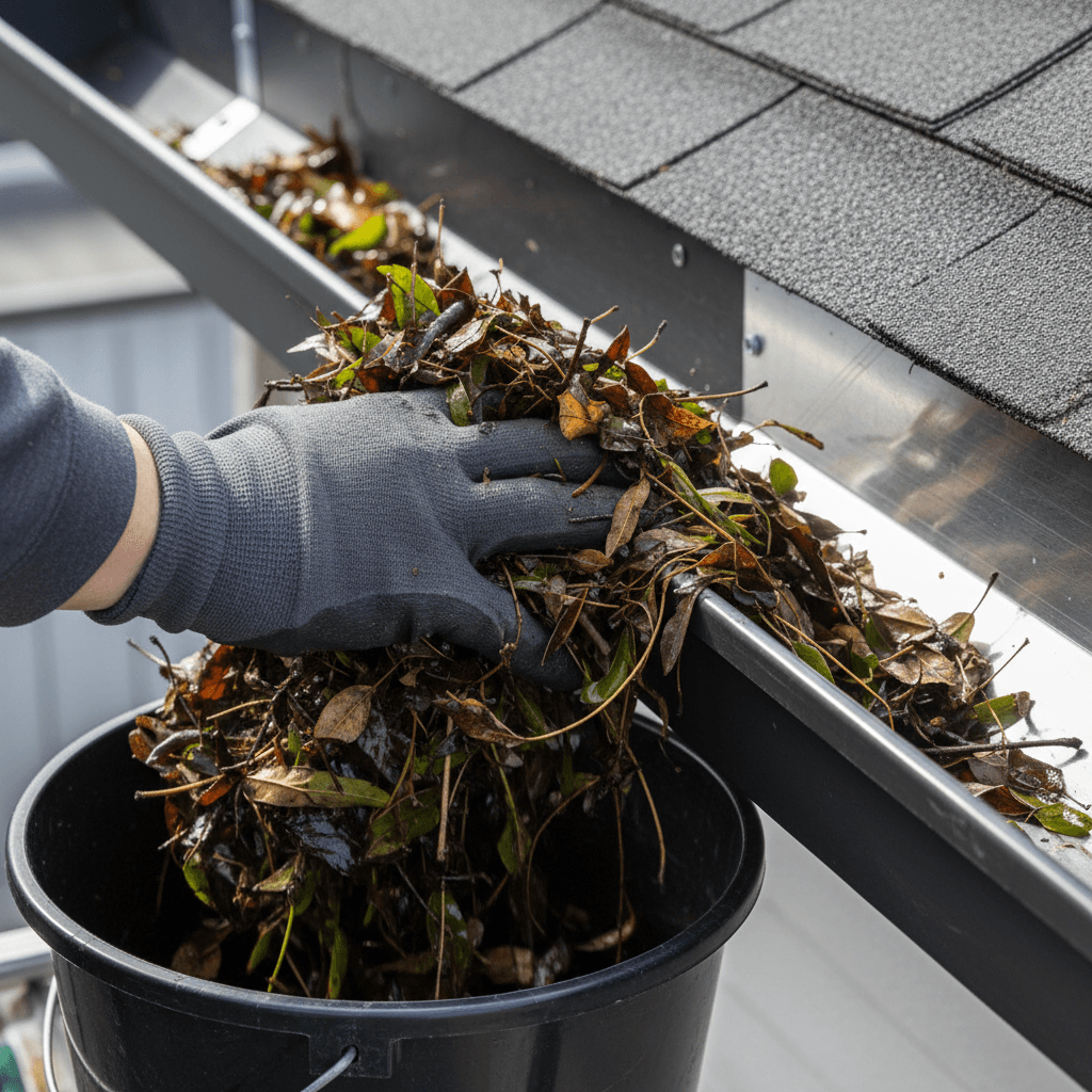 Gloved hand scooping wet leaves and debris from a residential gutter