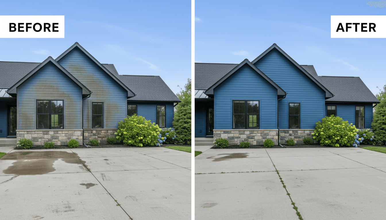 Clean modern home exterior after power washing, Northern Michigan residential property