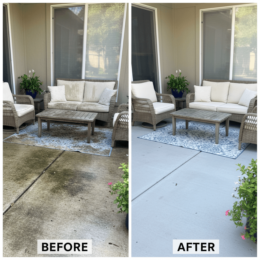 Before and after of a concrete patio pressure washing, stains removed