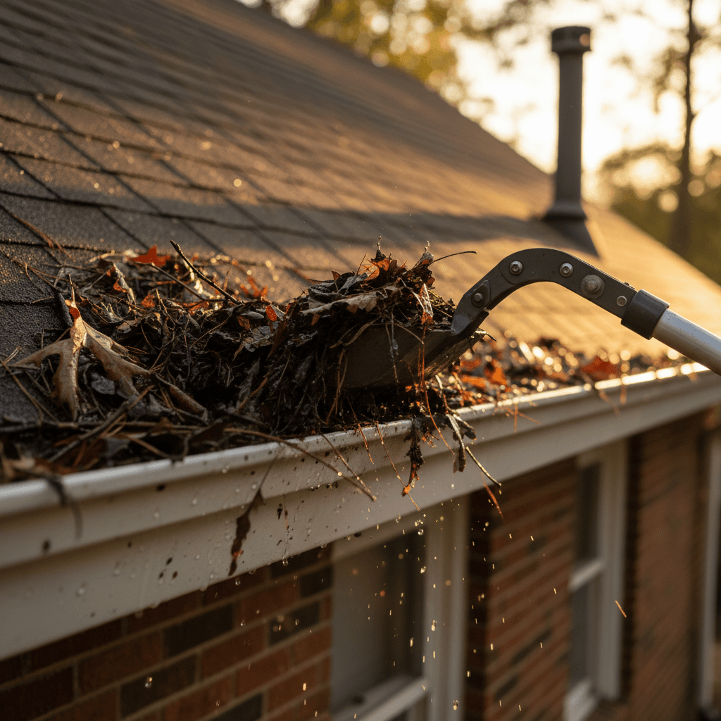 Gutter clogged with leaves being cleared by a professional tool