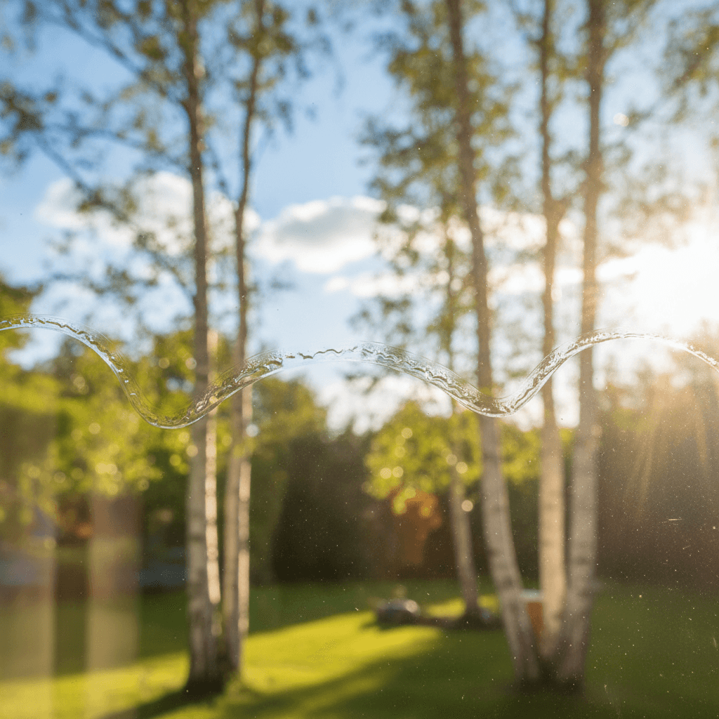 Clean window reflecting a blue sky and birch trees with a squeegee mark visible on glass