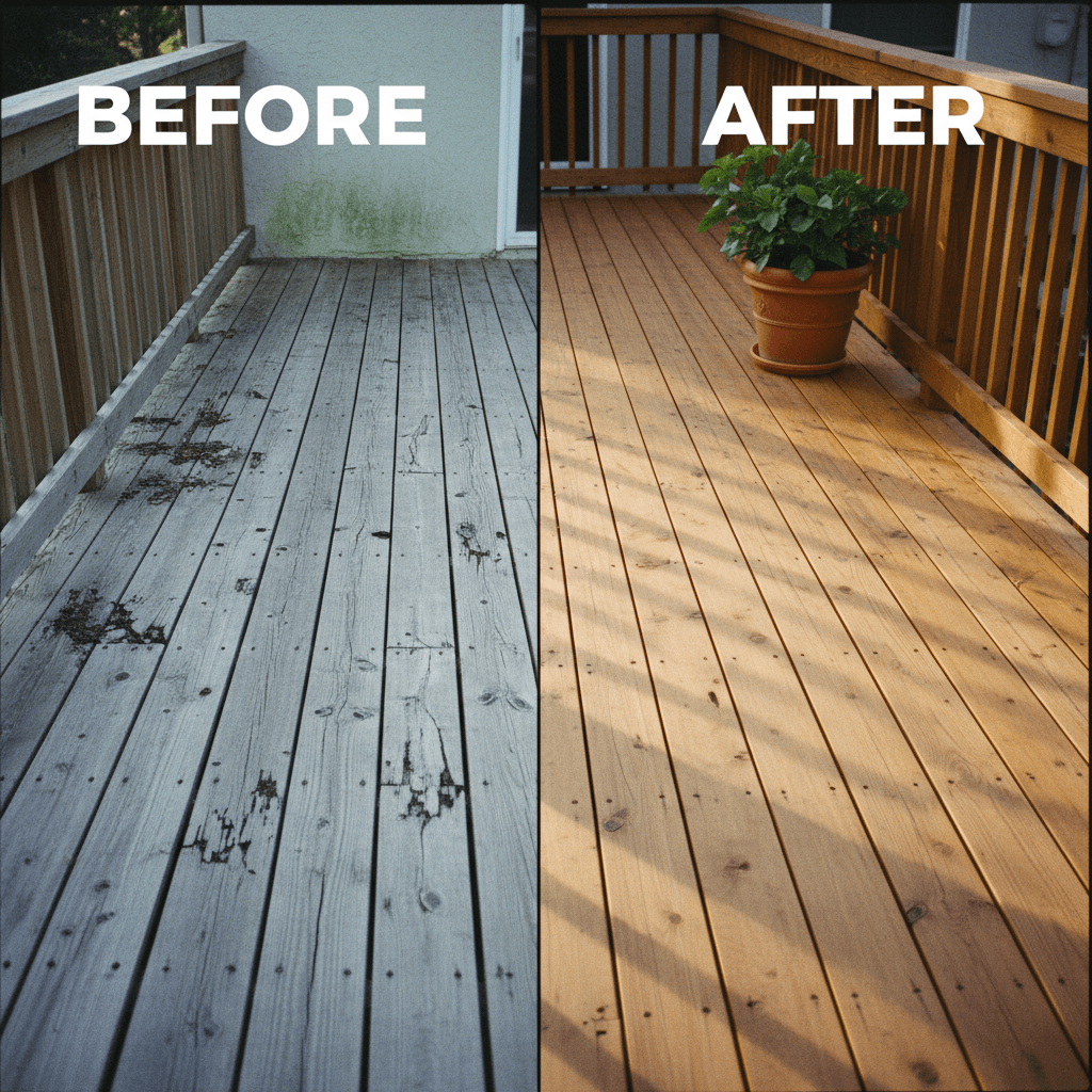 A vintage film photography style before and after of a wooden deck.