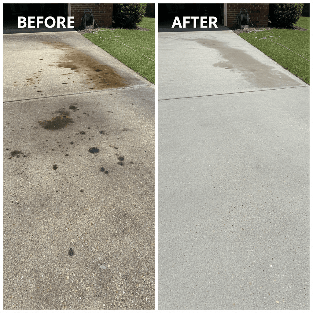 Before and after of a concrete driveway pressure washing, oil stains completely removed