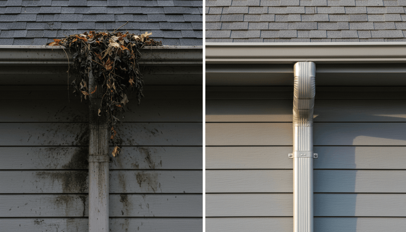 Gutter downspout half cleaned showing the before and after contrast
