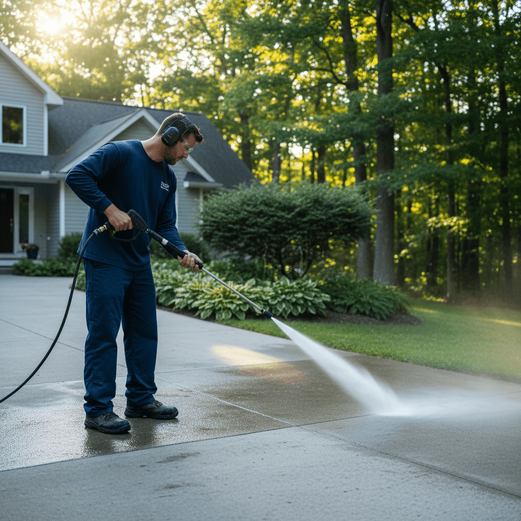 Professional pressure washing a residential driveway with water spray catching sunlight