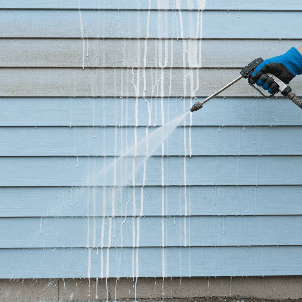 Soft washing solution running down blue vinyl siding, cleaning visible dirt
