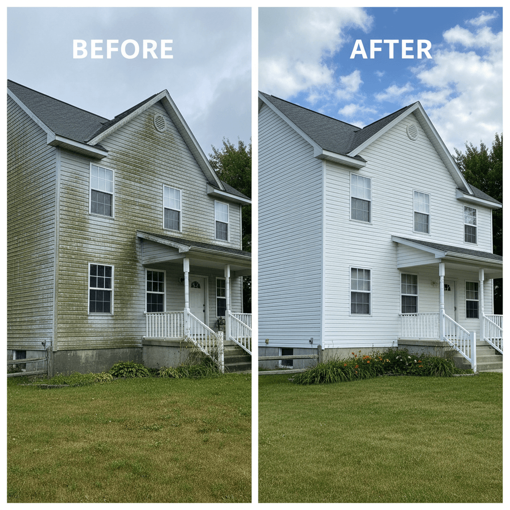Before and after of a house wash on a two story home, clean siding visible