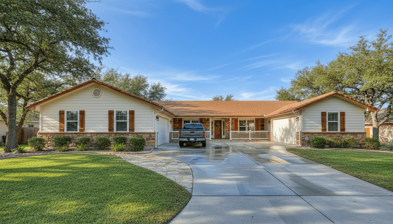 Ranch-style home fully cleaned, siding and driveway spotless under bright sky