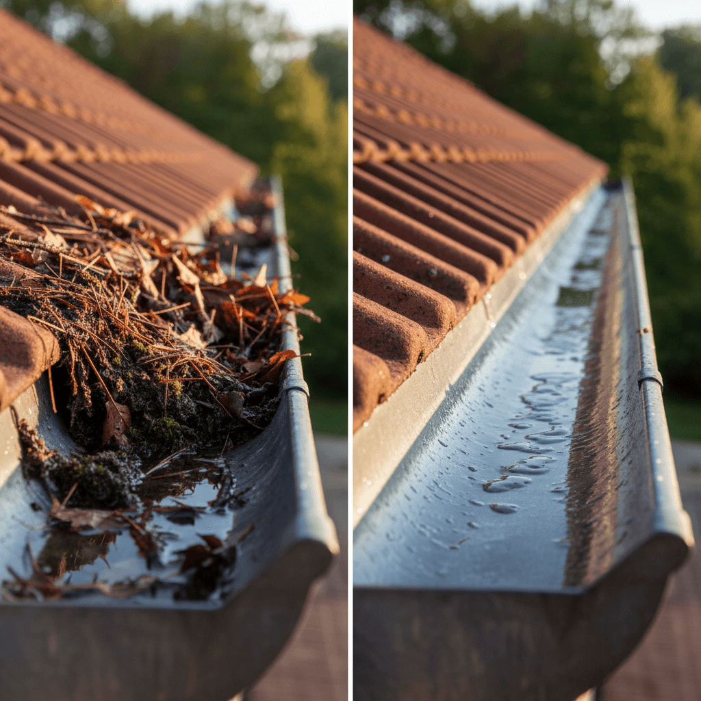 Gutter before and after cleaning