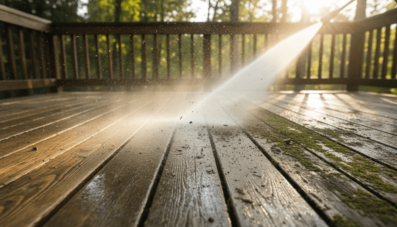 Pressure washer wand cleaning a wooden deck surface with visible spray and dirt lifting