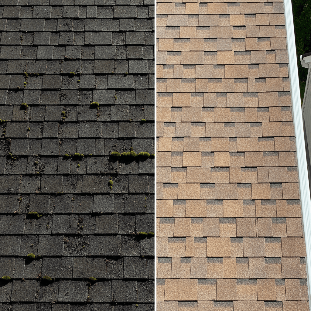 Close up of a roof cleaning before and after in Northern Michigan