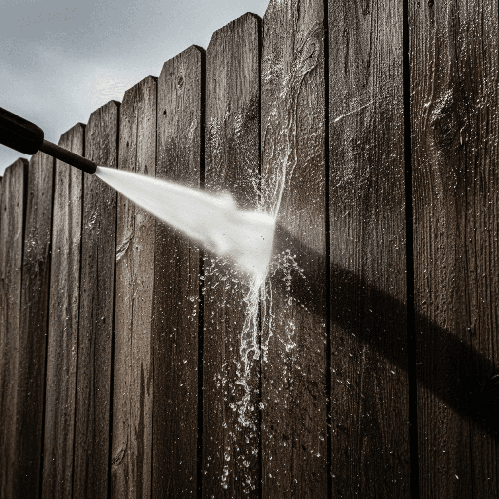Close-up of pressure washer spray cleaning a weathered wooden fence