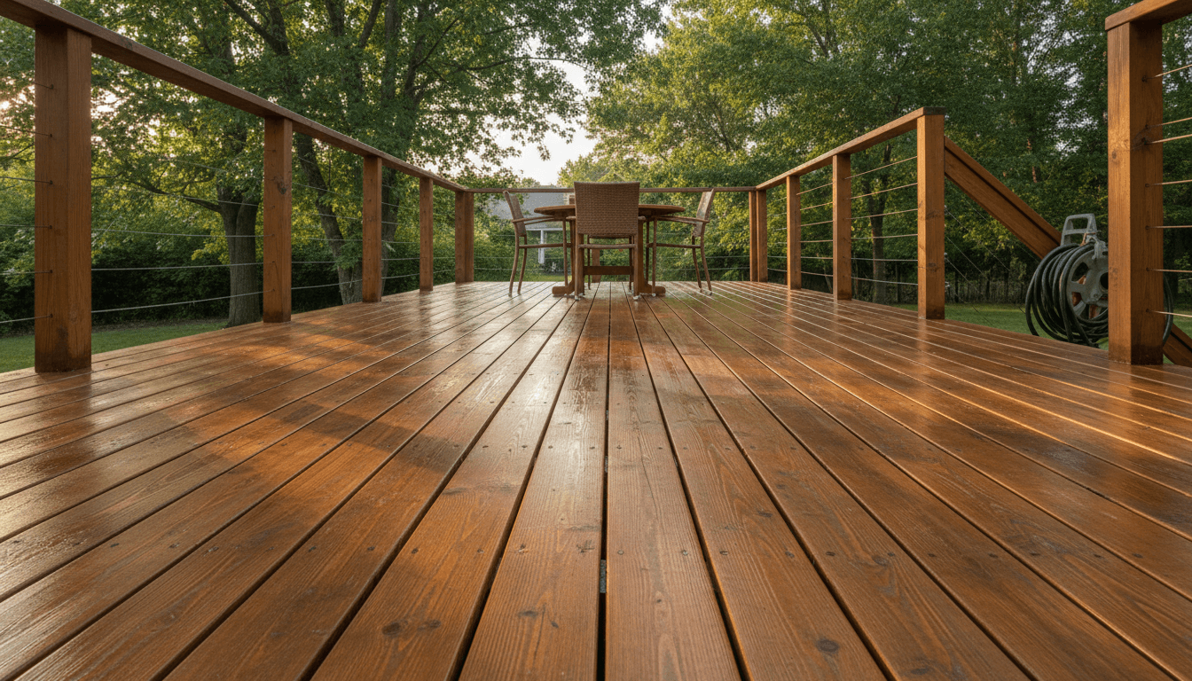 Wooden deck restored by power washing, warm brown wood with visible grain