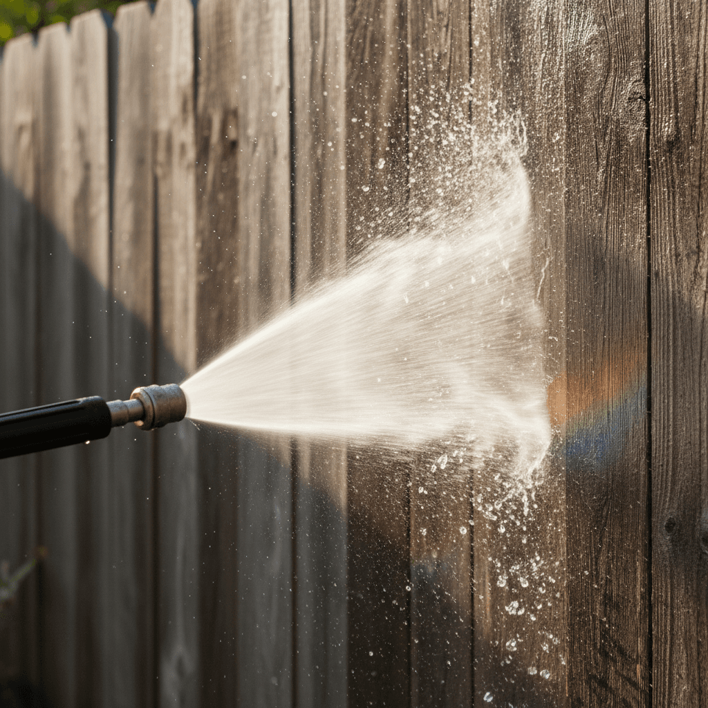 Close-up of a pressure washer spray hitting a wooden fence