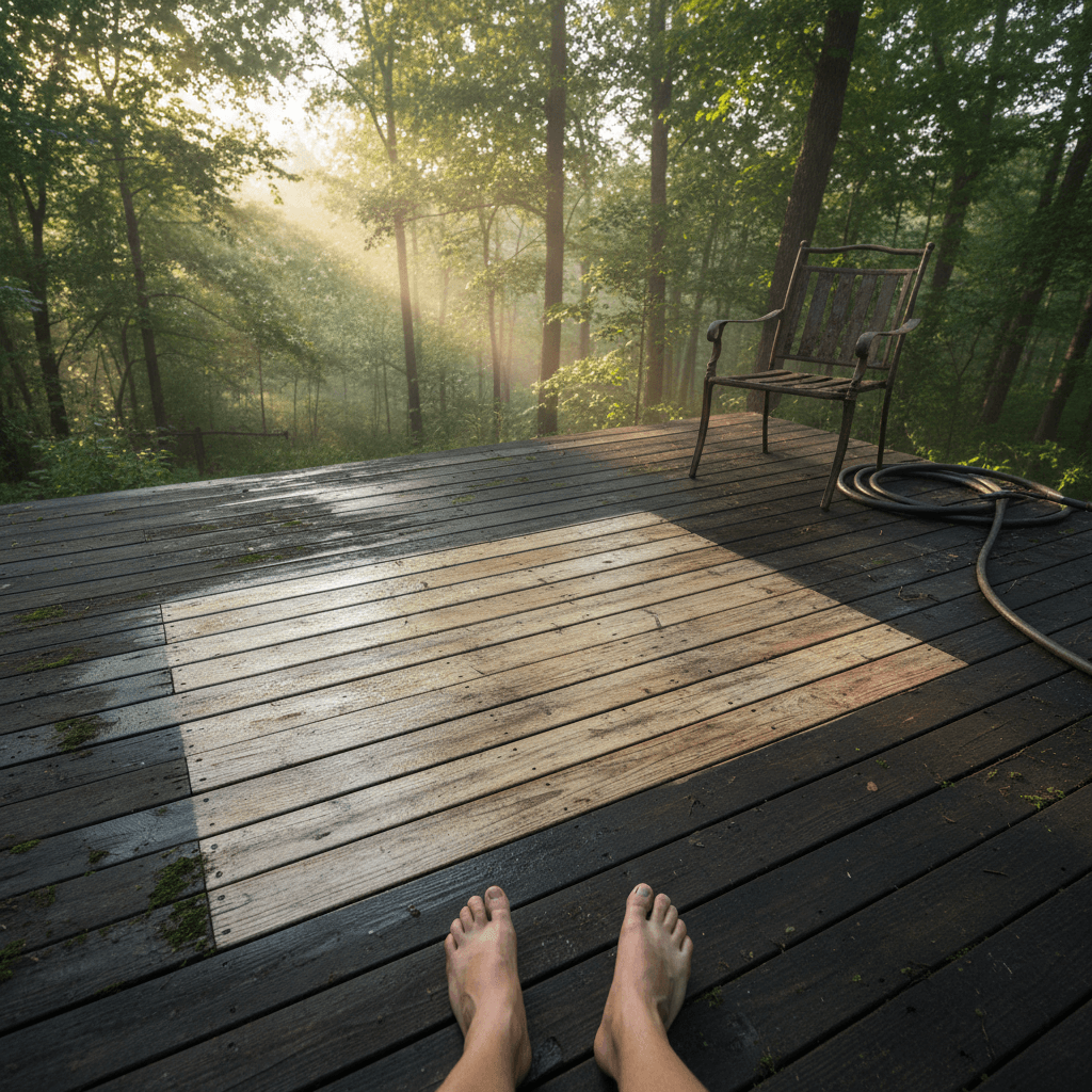 Wooden deck with a cleaned section showing restored grain and color