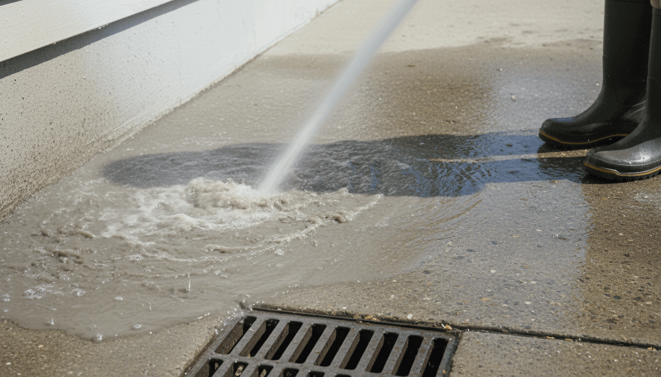 Dirty water runoff from house washing flowing across the driveway toward a drain