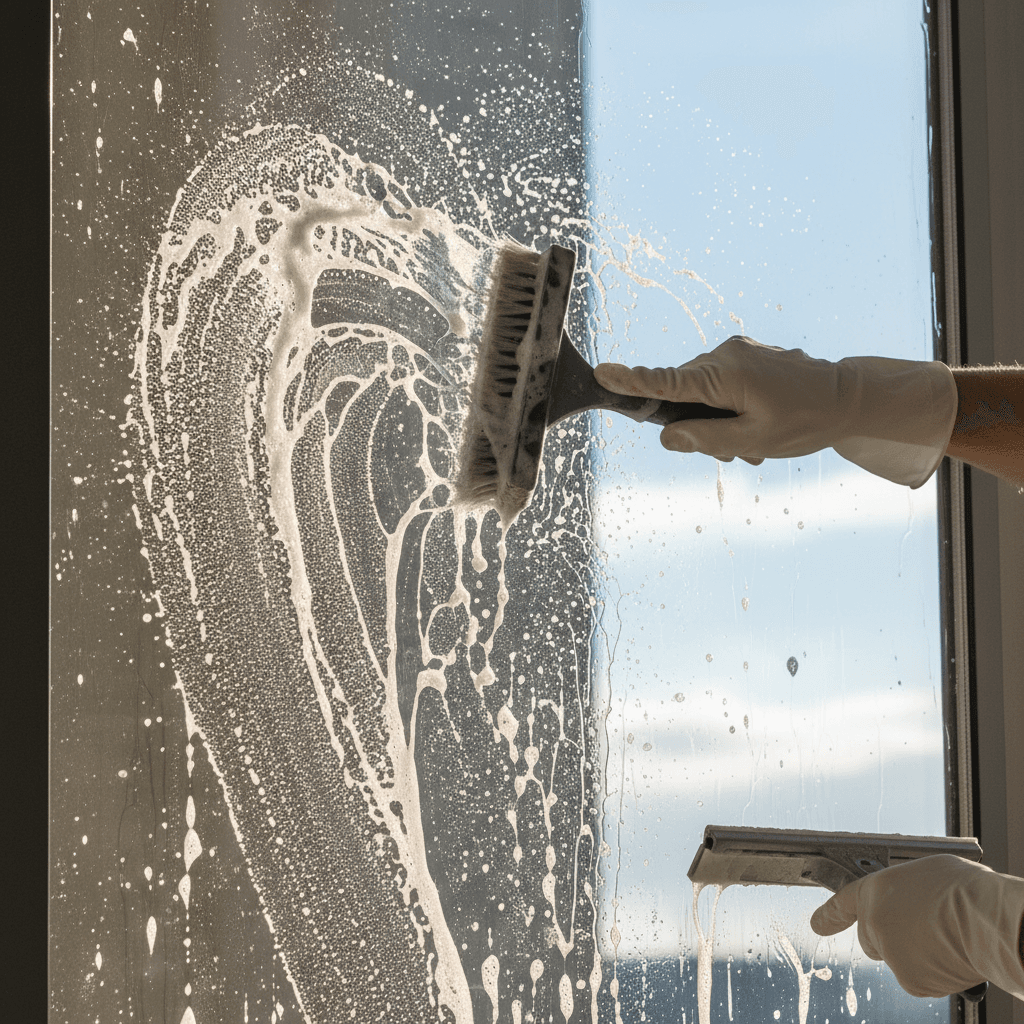 Active close-up of window cleaner brushing soapy water with before-and-after cleaning transformation visible