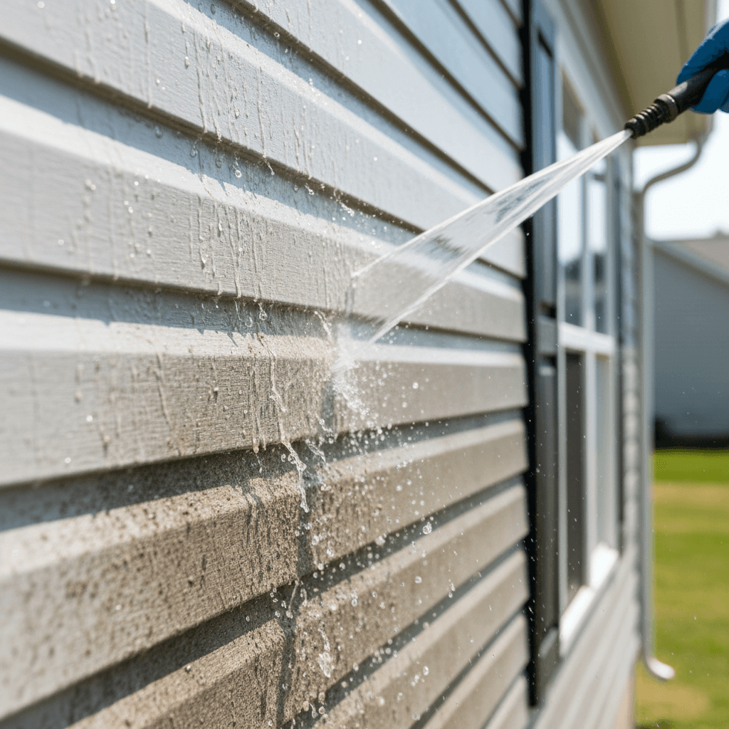Close-up of residential siding being cleaned with water streaming down, showing dirt removal contrast