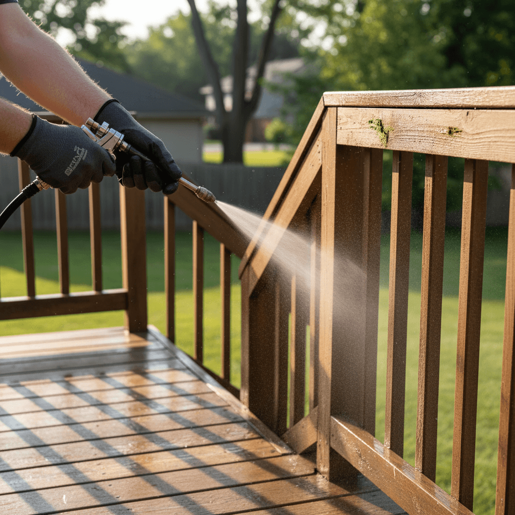 Technician's hands applying soft-wash cleaning solution to weathered wooden deck railing with specialized equipment