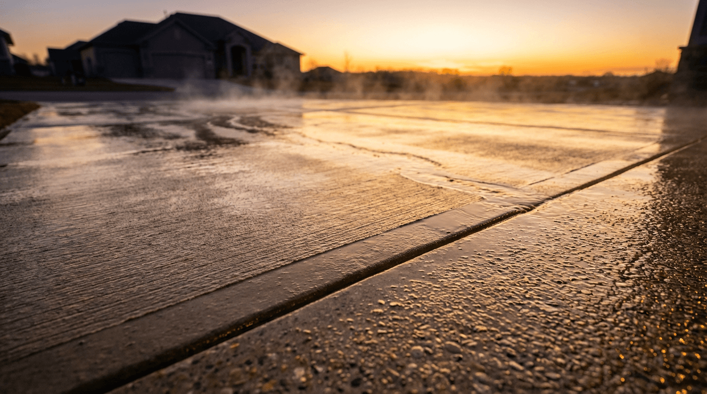 Freshly washed concrete driveway with house in background, clean and debris-free