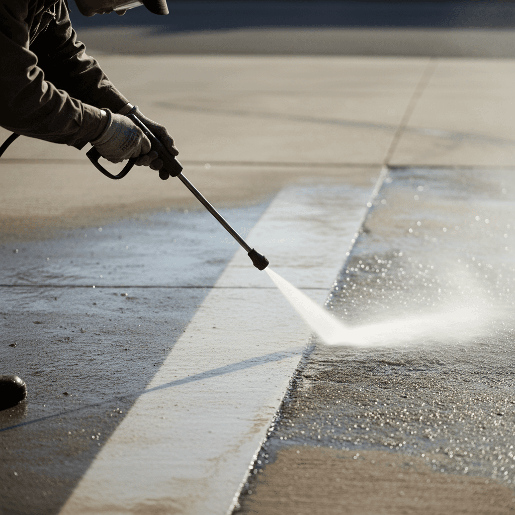 Power washer operator's hands directing forceful water jet to clean grimy residential driveway concrete
